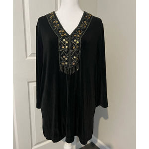 SLINKY BRAND V Neck Beaded Stretch Long Sleeve‎ Black Tunic Blouse Size Large